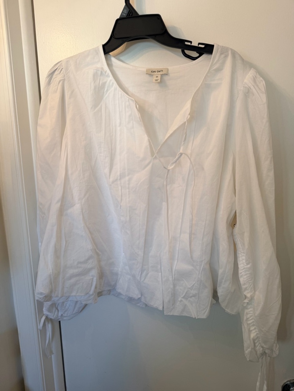 ON 34th White Tie-Neck Peasant Blouse